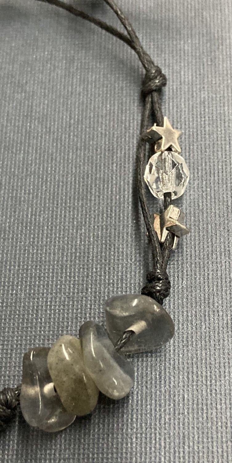 B004 Crescent Moon with Labradorite Gem Chips, Silver Stars and Black Hemp Cord Bracelet