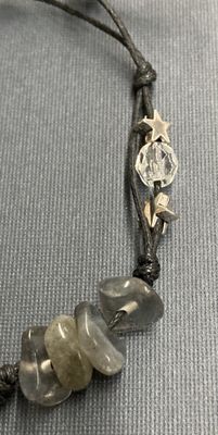B004 Crescent Moon with Labradorite Gem Chips, Silver Stars and Black Hemp Cord Bracelet