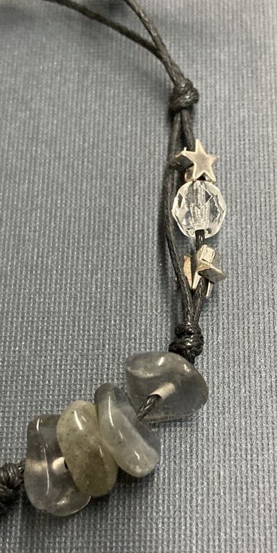 B004 Crescent Moon with Labradorite Gem Chips, Silver Stars and Black Hemp Cord Bracelet