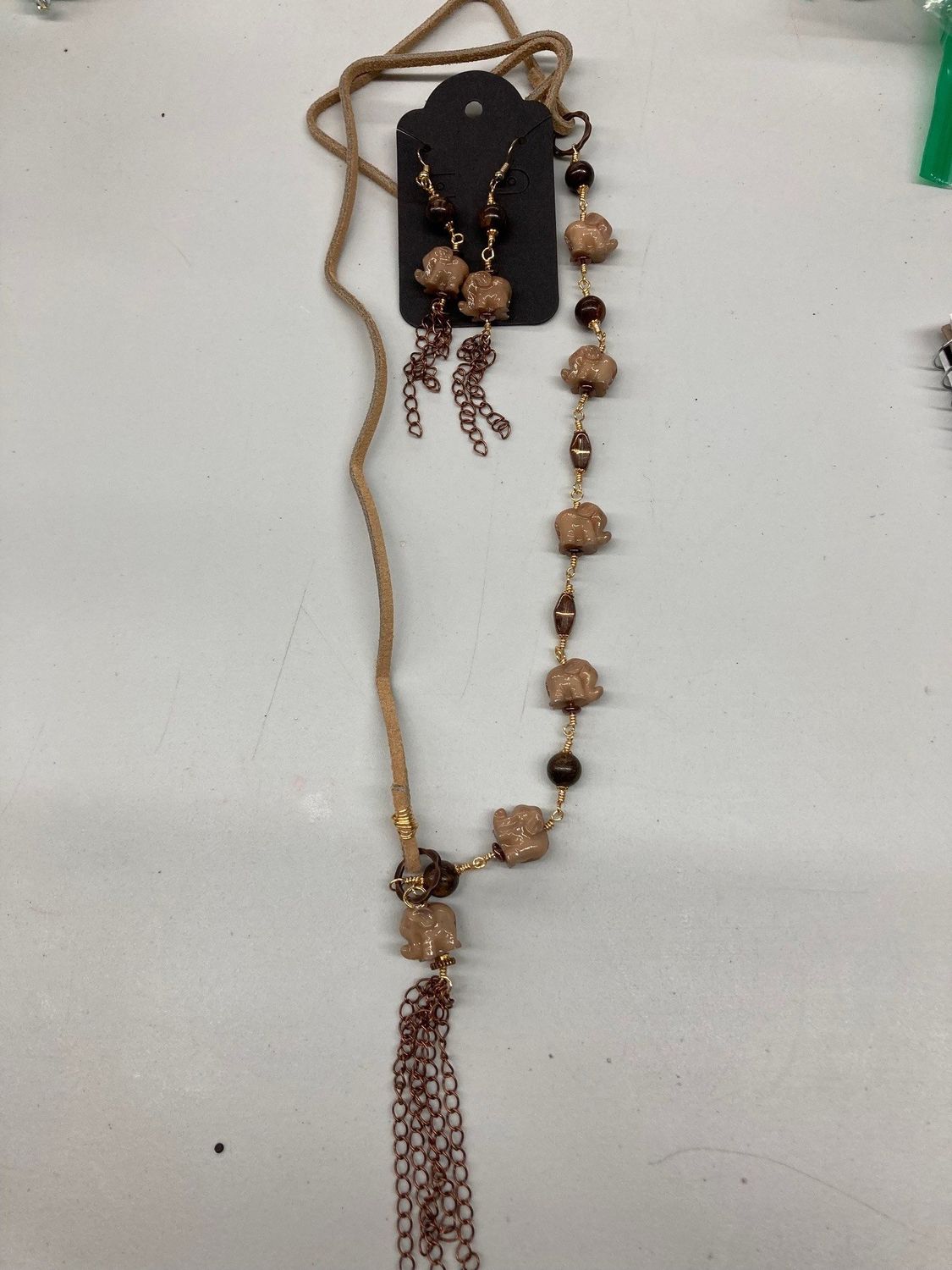 NS16 Tan Suede w Bronzite Gemstone Elephants Necklace &amp; Earrings