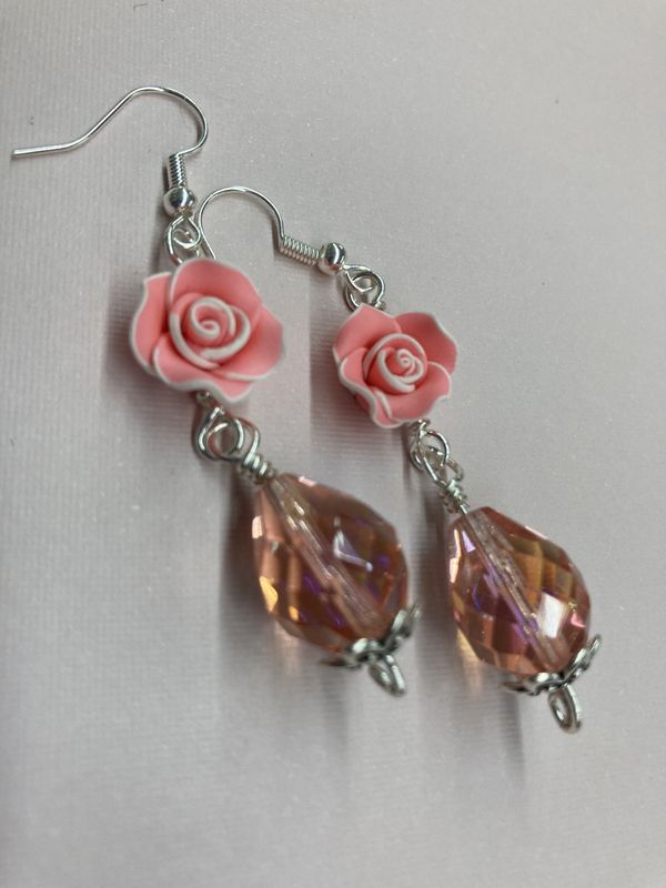 E026 Pink and White Roses with Pink Teardrop Crystals and Silver Accent Earrings