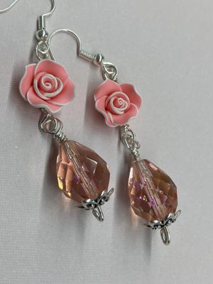 OTD E026 Pink and White Roses with Pink Teardrop Crystals and Silver Accent Earrings