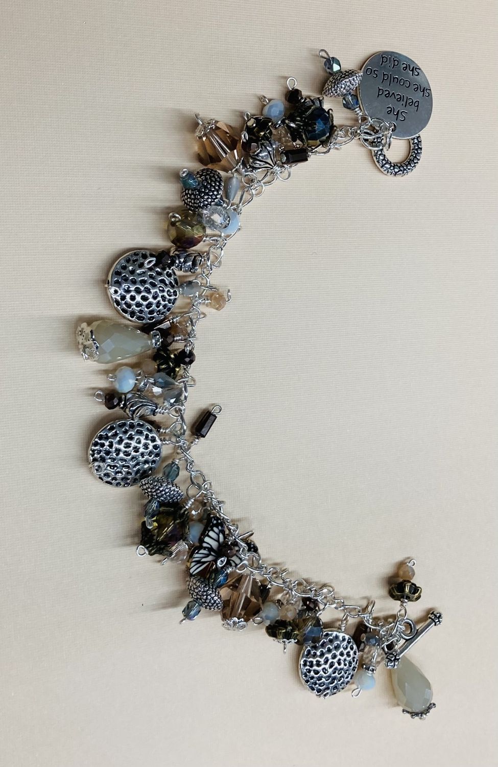 B003 Cha Cha Style Bracelet with Silver, Ivory,  Amber, Bronze, and White.