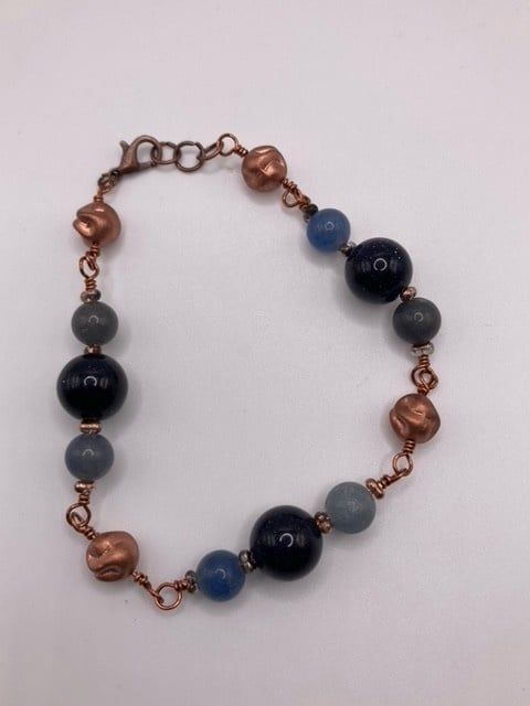 Blue and Copper Hand wrapped wire with Glass spacer beads