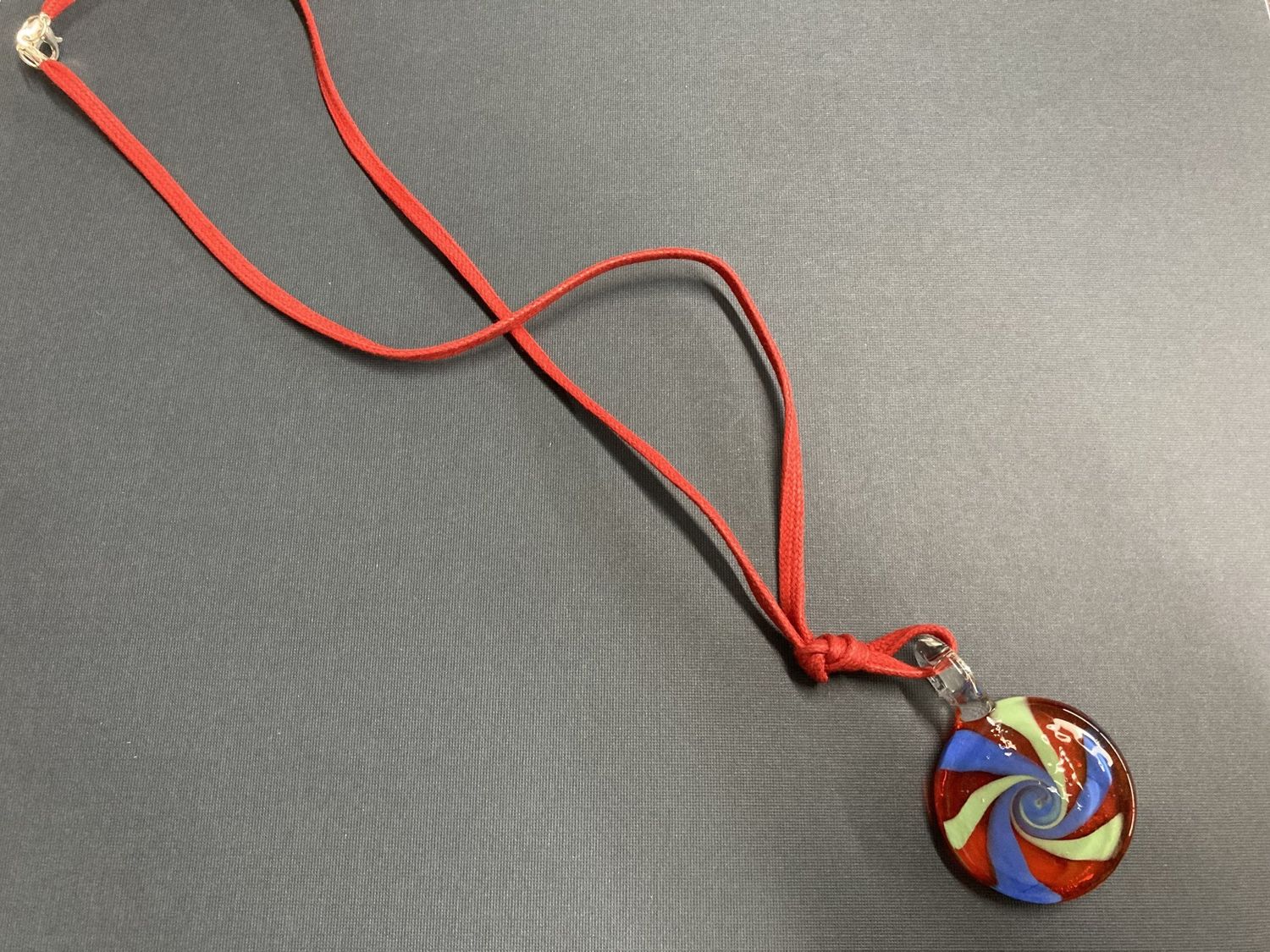 N216 Handmade Glass Pendant in Red with Woven Necklace