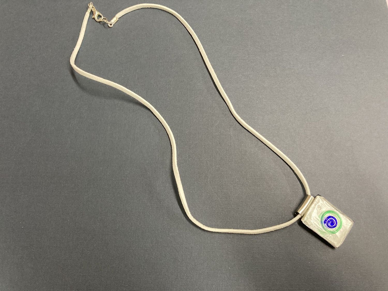 N224  White Glass Pendant on Suede Necklace