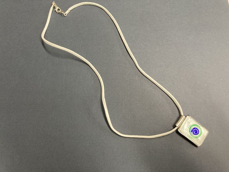 N224  White Glass Pendant on Suede Necklace