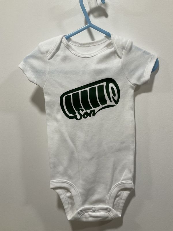 White onesie with Son on the front 6m