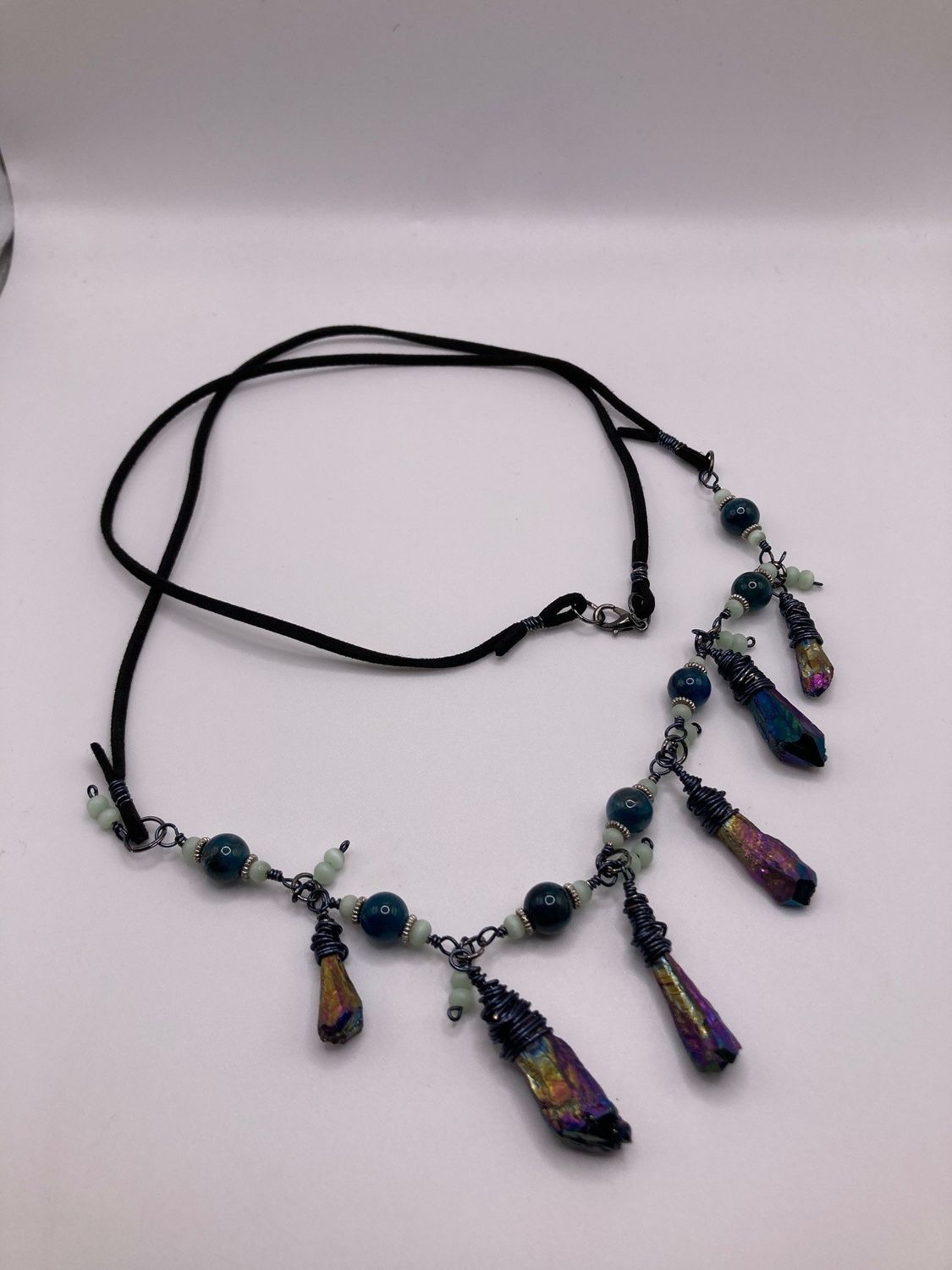 Druzy Crystal, Green Chalcedony, Teal Dyed Agate with Suede Corded Necklace