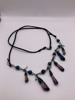 Druzy Crystal, Green Chalcedony, Teal Dyed Agate with Suede Corded Necklace