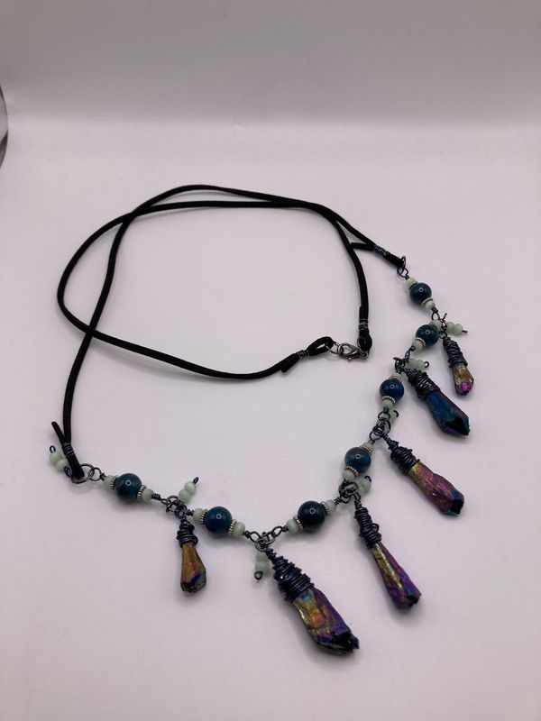Druzy Crystal, Green Chalcedony, Teal Dyed Agate with Suede Corded Necklace