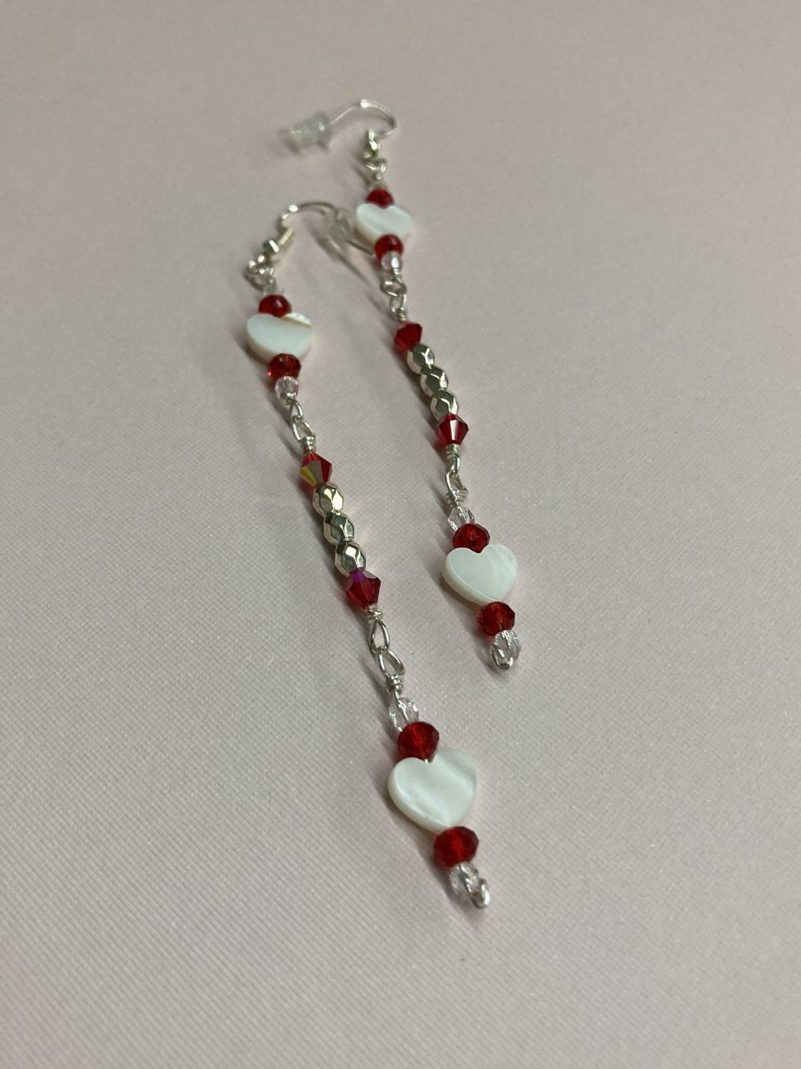 E037 Red and White Crystal Heart Earrings