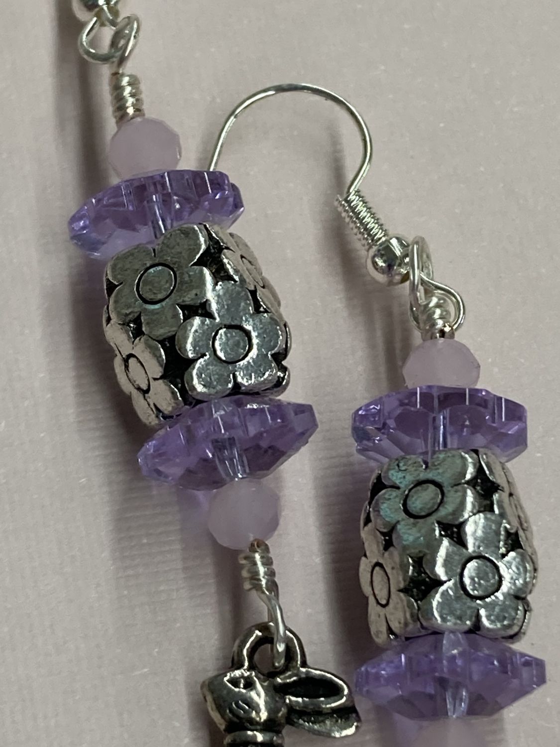 E008 Silver Rabbit Charm with Silver Daisy Beads, Daisy Crystals, and Pink Crystal Earrings