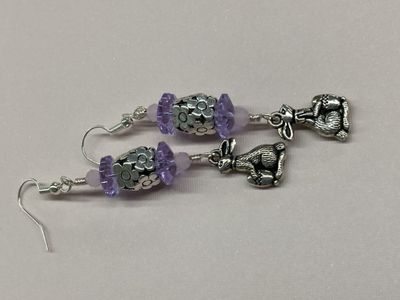 OTD E008 Silver Rabbit Charm with Silver Daisy Beads, Daisy Crystals, and Pink Crystal Earrings