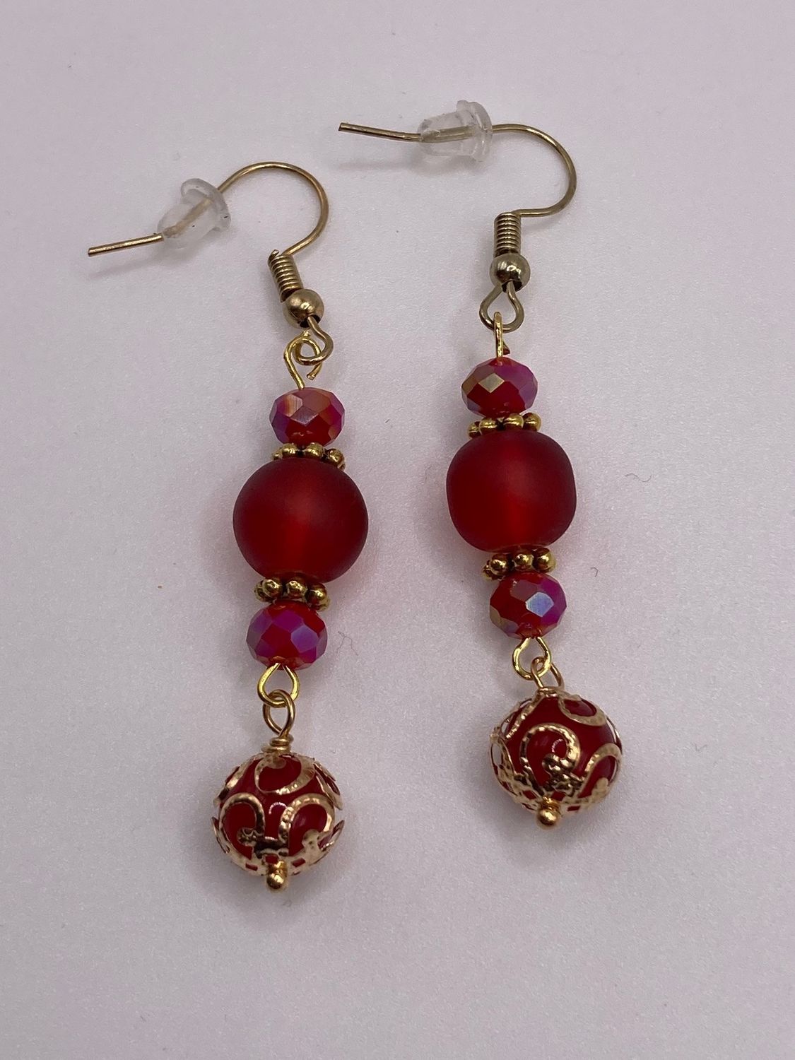 Ruby Red Glass Beads and Gold Accent Earrings