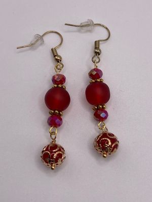 Ruby Red Glass Beads and Gold Accent Earrings