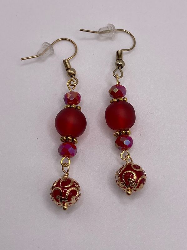 Ruby Red Glass Beads and Gold Accent Earrings