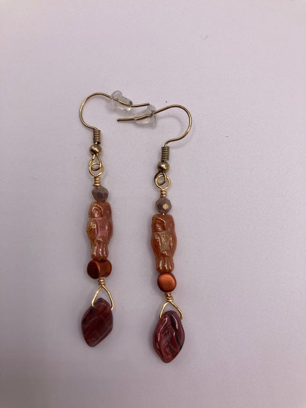 Czech Glass Owl and Leaf in Iridescent Rust