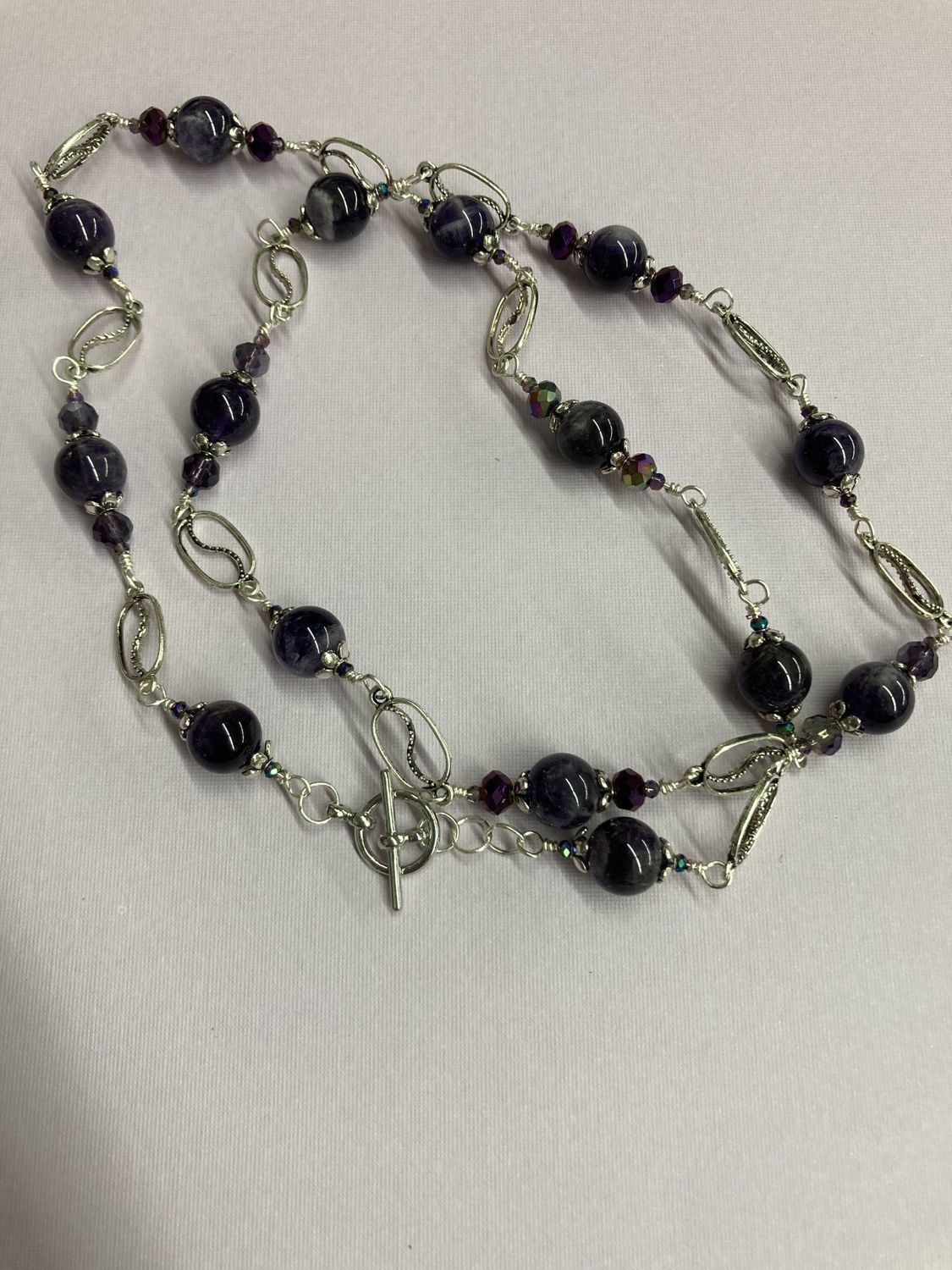 N212 Amethyst Beads with Purple Crystals and Silver Accent Necklace