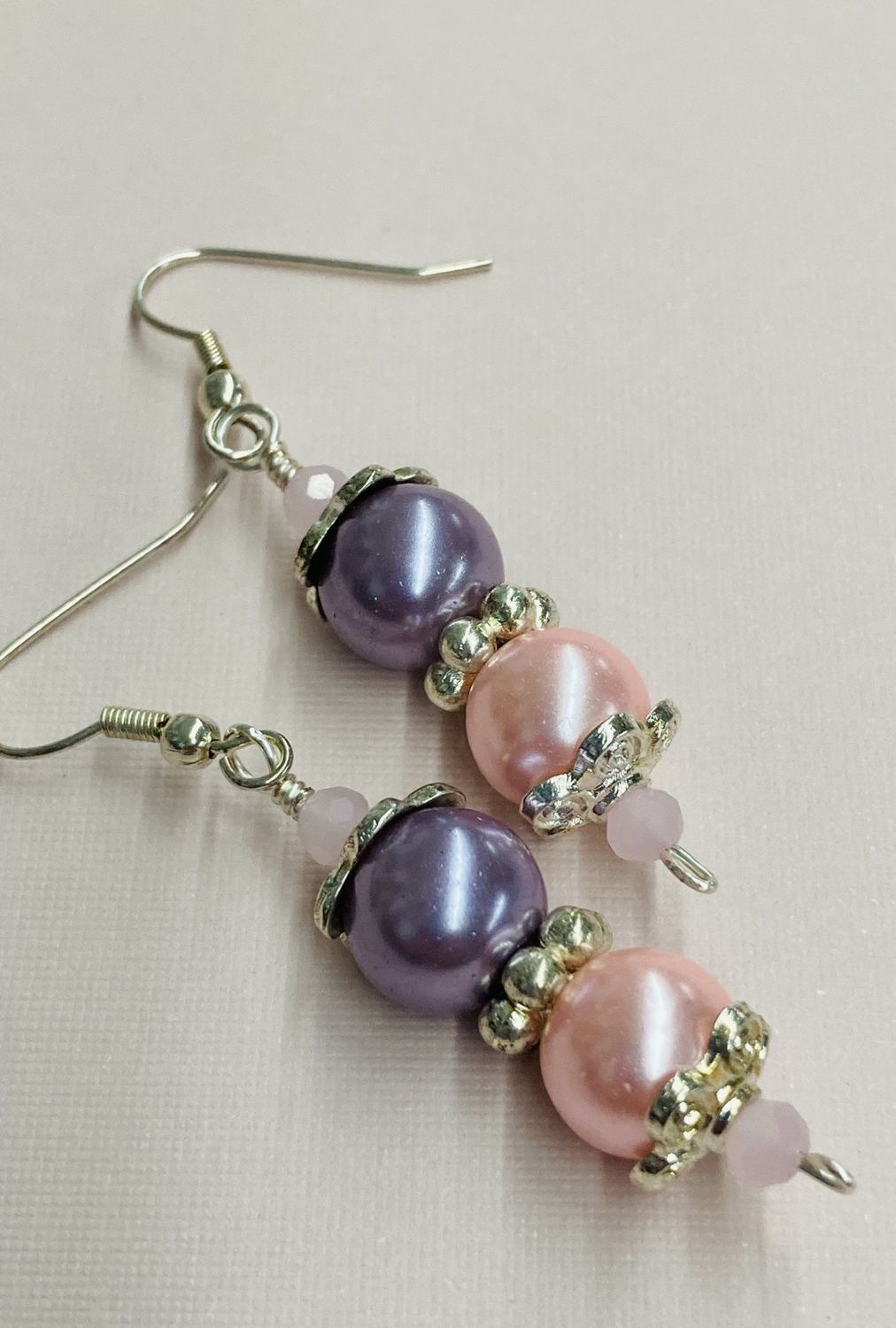 E032 Pink and Purple Glass beads with Silver Finding Earrings