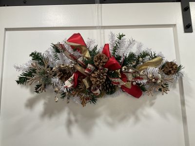 Swag Evergreen White with Pinecone, Gold Snowflakes and Red Truck Ribbon