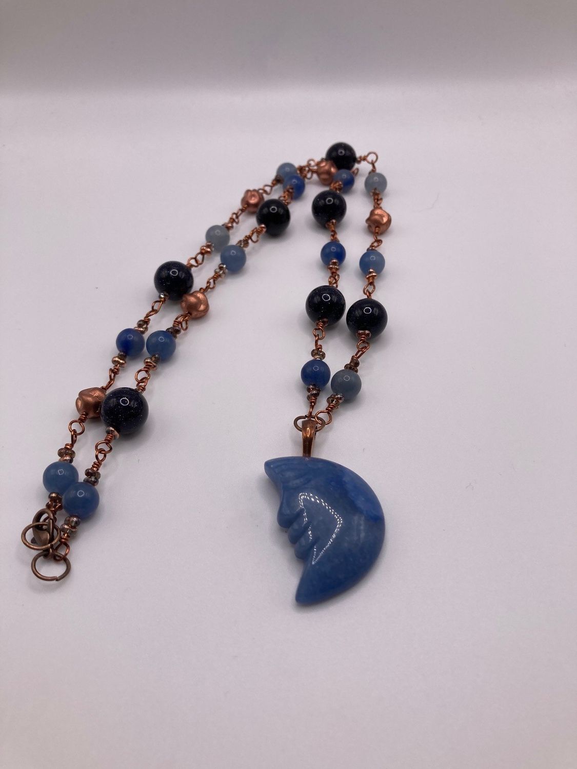 N207 Blue Aventurine Moon Pendant and Blue Sunstone, Blue Aventurine Beads with Brass Wire