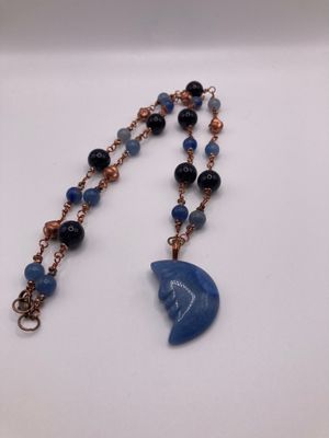 N207 Blue Aventurine Moon Pendant and Blue Sunstone, Blue Aventurine Beads with Brass Wire