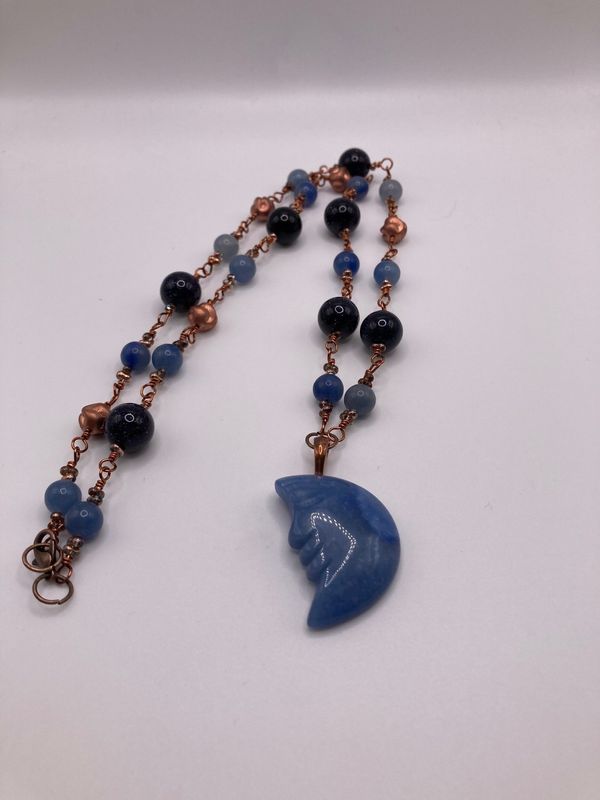 N207 Blue Aventurine Moon Pendant and Blue Sunstone, Blue Aventurine Beads with Brass Wire