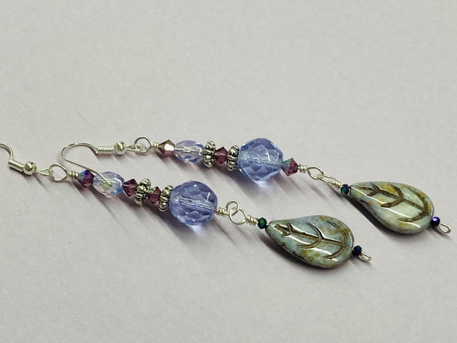 E013 Lavender and Purple Crystals Accented with Silver Findings and Czech Glass Leaf Earrings