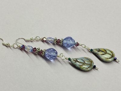 E013 Lavender and Purple Crystals Accented with Silver Findings and Czech Glass Leaf Earrings