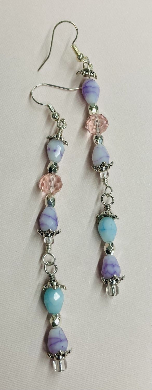 E033 Pink Crystal, Baby Blue and Lavender Bead Earrings