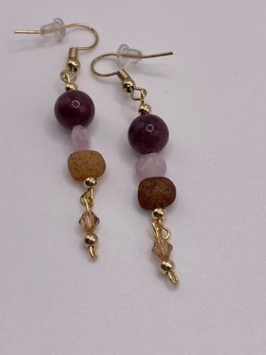 Amethyst, Pink Quartz, and Caramel Agate Drop Earrings