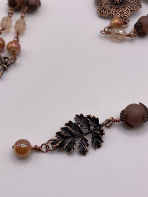 N205 Vintage Antiqued Flowers and Leaf Focals with Druzy Beads with Glass Beaded Necklace