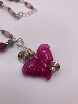 OTD Pink Dyed Agate Butterfly Accented with Amethyst and Purple Lepidolite Necklace