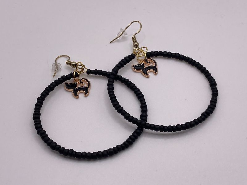 Black Seed Hoops with Black Cat Charm Earrings