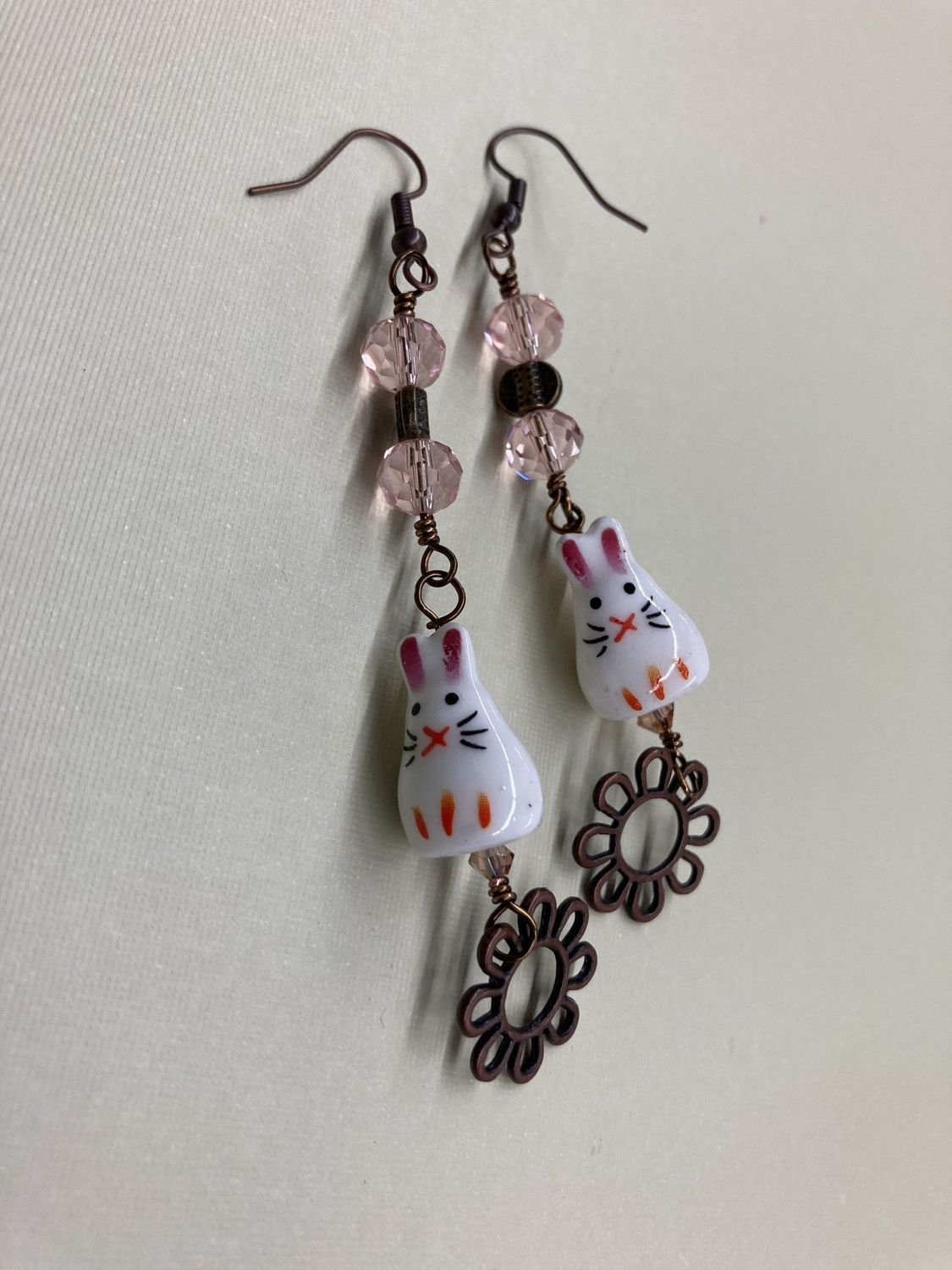 E009 Ceramic Bunny with Pink Crystals and Copper Earrings