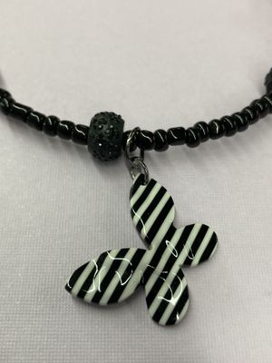 OTD Ch005 Black Beads with Black and White Stripe Butterfly Charm Choker