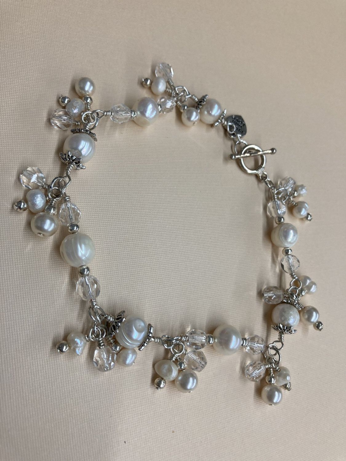 B014 Freshwater Pearls with Clear Crystals and Silver Accent Bracelet