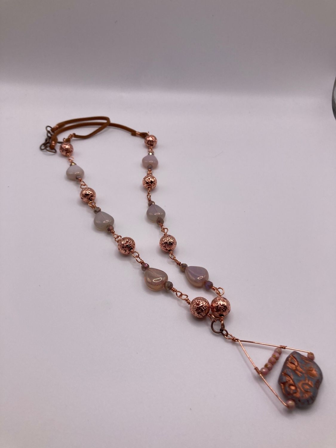 Opalite Triangle Beads and Copper Covered Lava Beads with Czech Glass Elephant Necklace