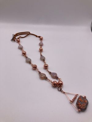 Opalite Triangle Beads and Copper Covered Lava Beads with Czech Glass Elephant Necklace