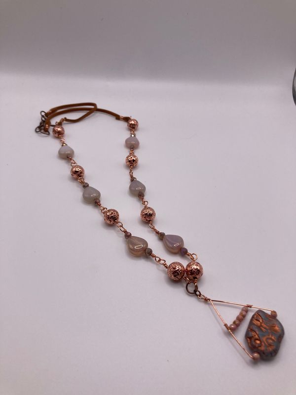 Opalite Triangle Beads and Copper Covered Lava Beads with Czech Glass Elephant Necklace