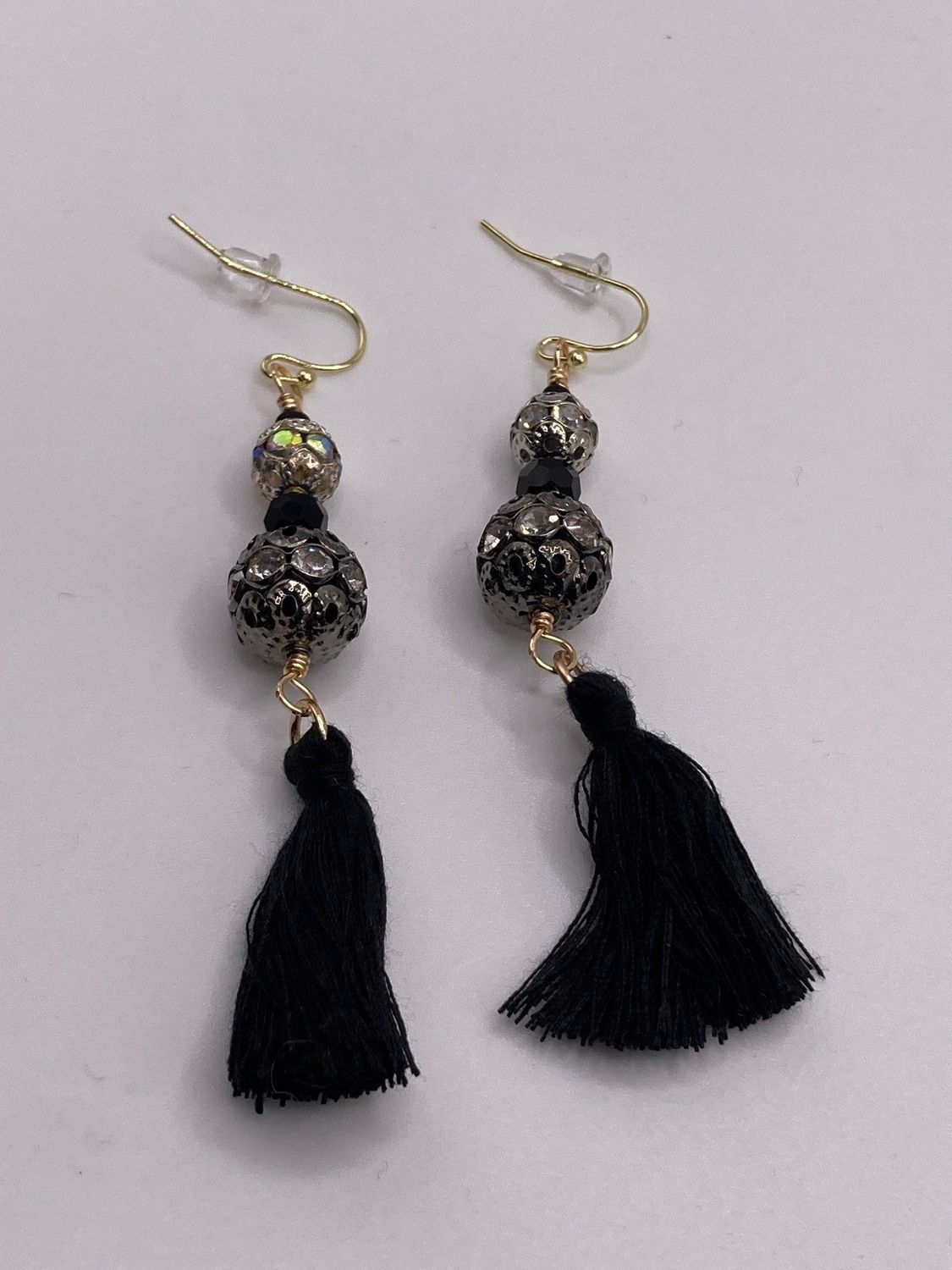 Antiqued Metal Beads in Black and Silver with Rhinestones and Black Tassel Earrings