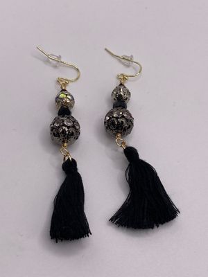 Antiqued Metal Beads in Black and Silver with Rhinestones and Black Tassel Earrings