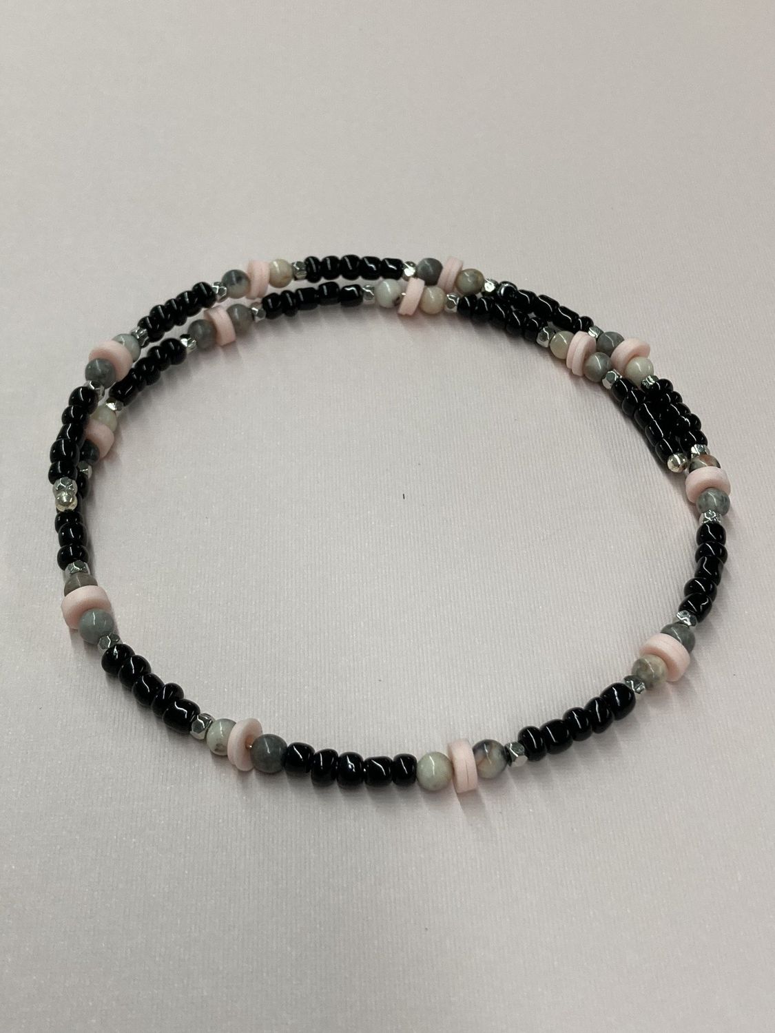 Ch002 Black, Silver Beads with Pink Zebra Jasper and Heishi Bead Choker