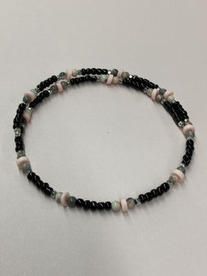 Ch002 Black, Silver Beads with Pink Zebra Jasper and Heishi Bead Choker