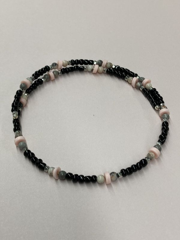 Ch002 Black, Silver Beads with Pink Zebra Jasper and Heishi Bead Choker