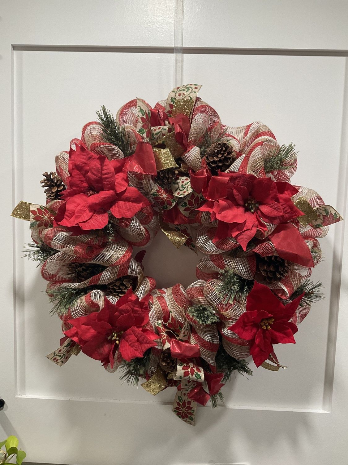 Wreath Mesh Burlap and Red with Pinecones, Red Poinsettias and Gold Ribbon
