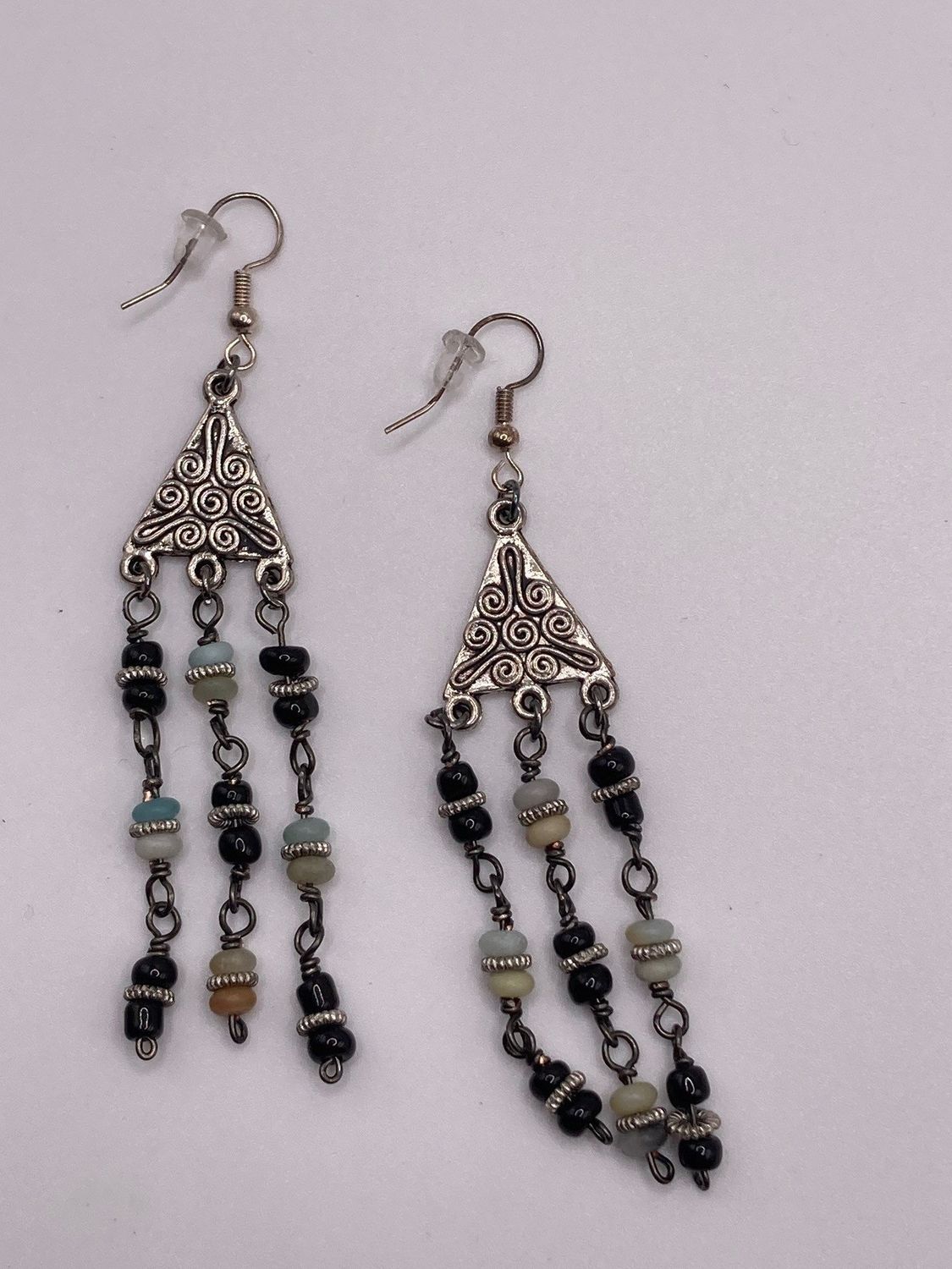 Silver Finding with Design Accented with Labordite and Black Seed Bead Earrings
