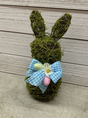 Grapevine and Moss Easter Bunny with Blue Gingham Ribbon