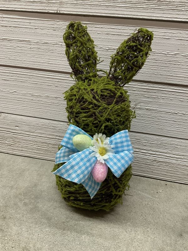 Grapevine and Moss Easter Bunny with Blue Gingham Ribbon